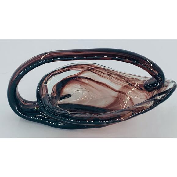 Murano Style Art Glass Candy Basket Dish Brown Clear Handle Hand Blown Collect - Picture 3 of 8
